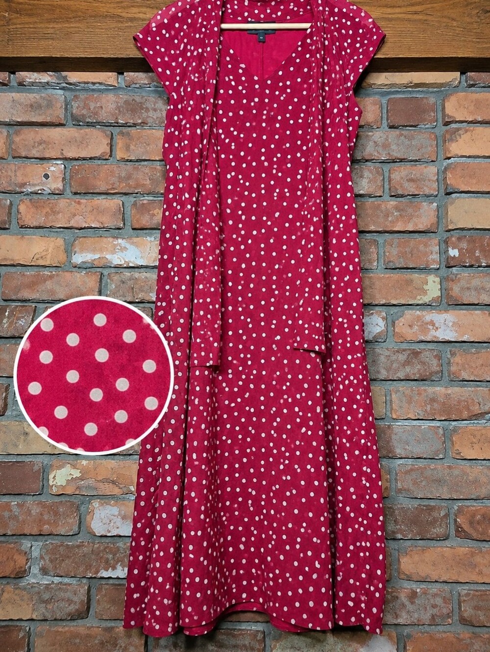 100% Silk Jones New York Polka Dot Midi Dress Scarf Neck Lined Size 6 Red